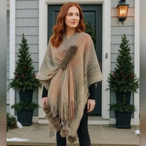 Faux Fur Pom-Pom Fringe Hem Poncho Sweater Wrap Colorful Knit Oversized Swawl